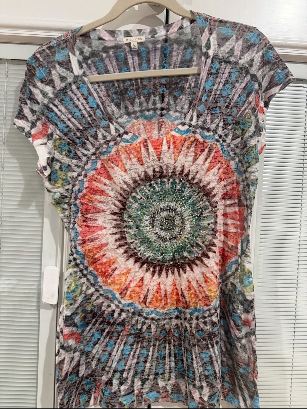 Maurices Multicolor Mandala V-Neck Tee - Coral, Blue, Green